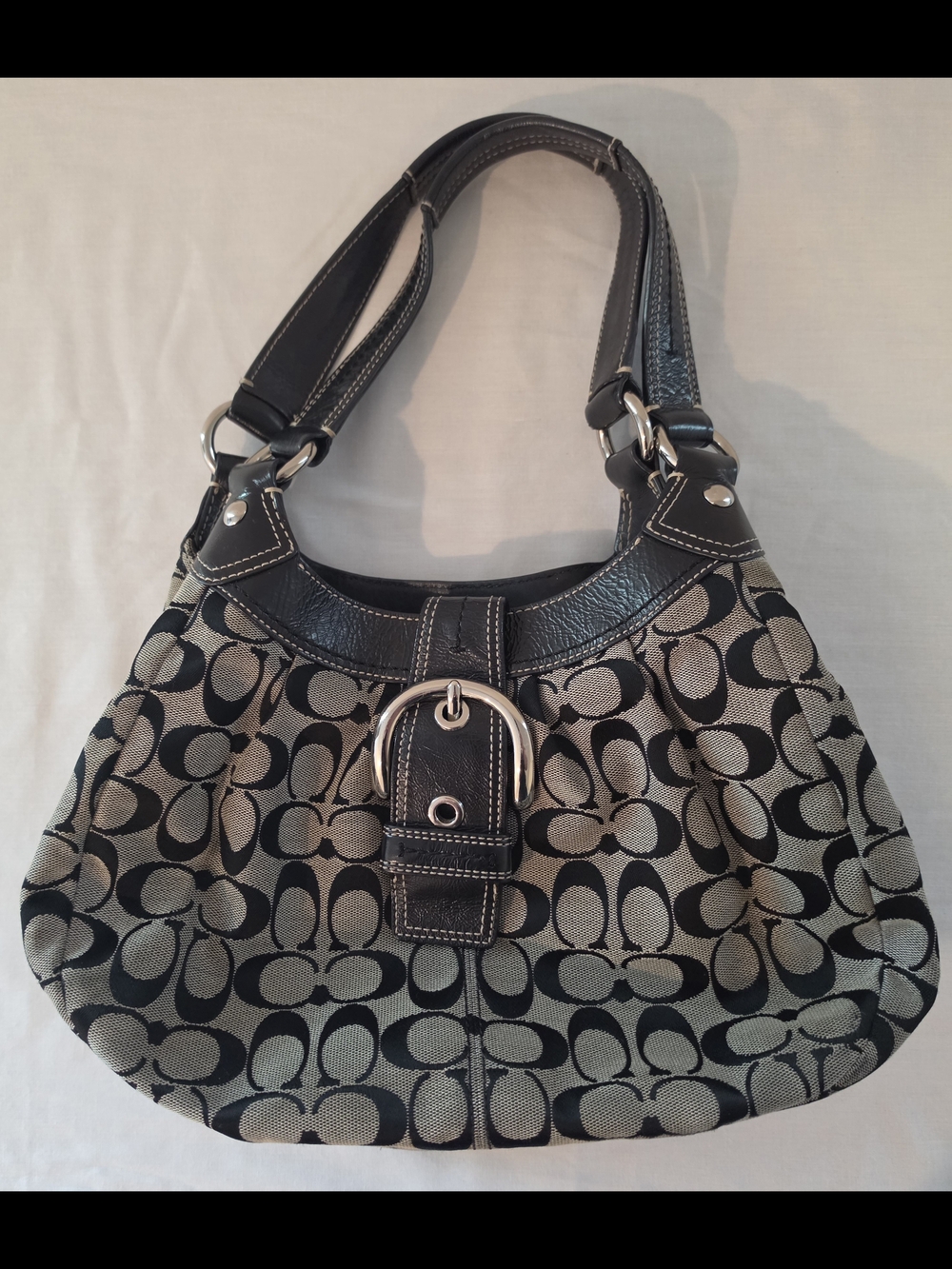 Coach Black and Tan Signature Hobo Shoulder Bag with Buckle